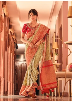 Red & Light Brown Pure Dola Silk Saree